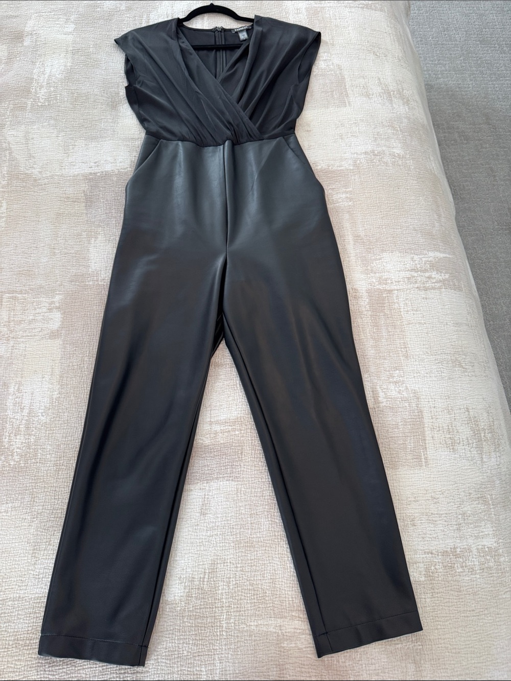 Express Black Faux Leather Draped V-Neck Jumpsuit